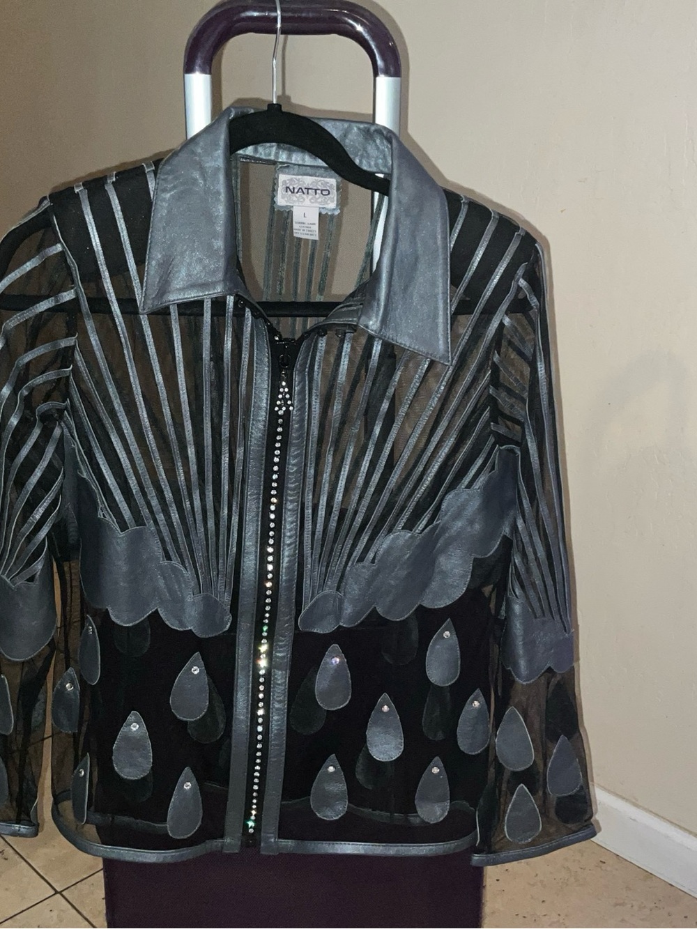 Sheer Black & Gray Embellished Zip Jacket genuine Lamb leather